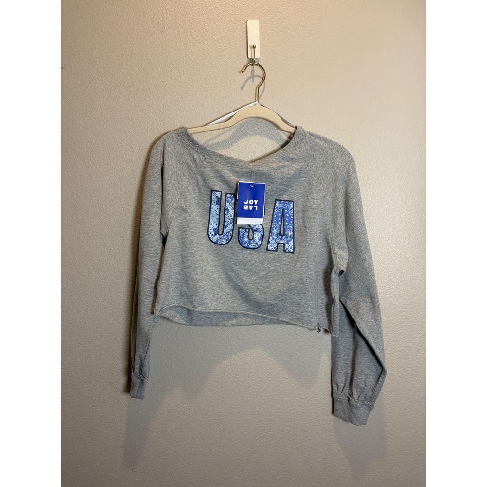 JoyLab Women XXS Cropped Long Sleeve Tee Heather Grey USA Paisley Graphic NWT